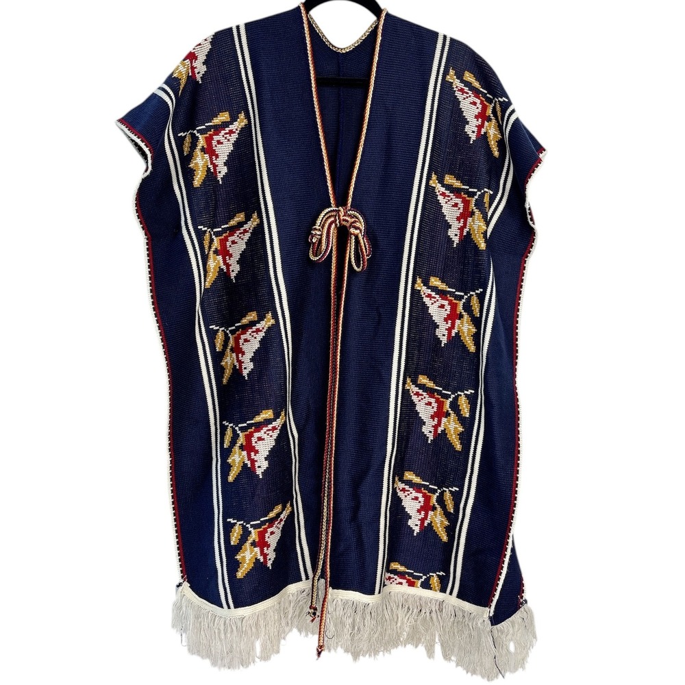 Vintage Poncho Ruana Sweater Unisex Navy Blue Bird Pattern Fringe Artisan‎